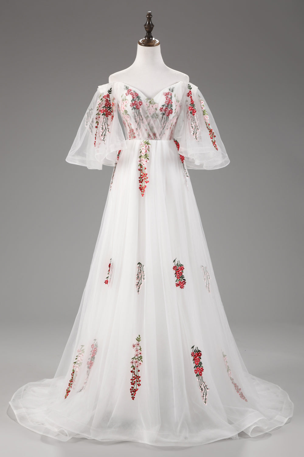 7-Day Dispatch Off-the-Shoulder Floral Embroidered White Tulle A-Line Gown Lace-up Back Formal Dress