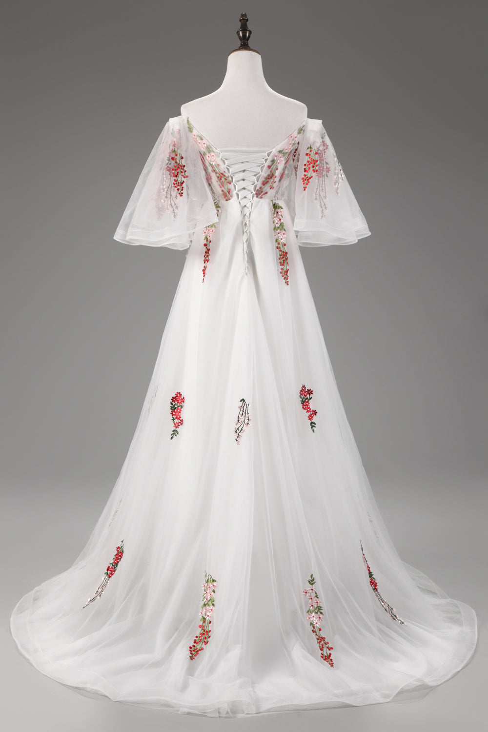 7-Day Dispatch Off-the-Shoulder Floral Embroidered White Tulle A-Line Gown Lace-up Back Formal Dress