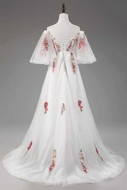 7-Day Dispatch Off-the-Shoulder Floral Embroidered White Tulle A-Line Gown Lace-up Back Formal Dress