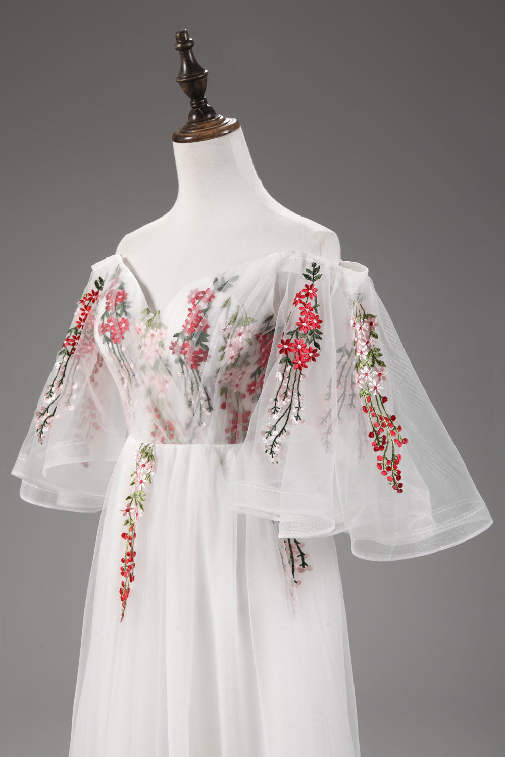 7-Day Dispatch Off-the-Shoulder Floral Embroidered White Tulle A-Line Gown Lace-up Back Formal Dress