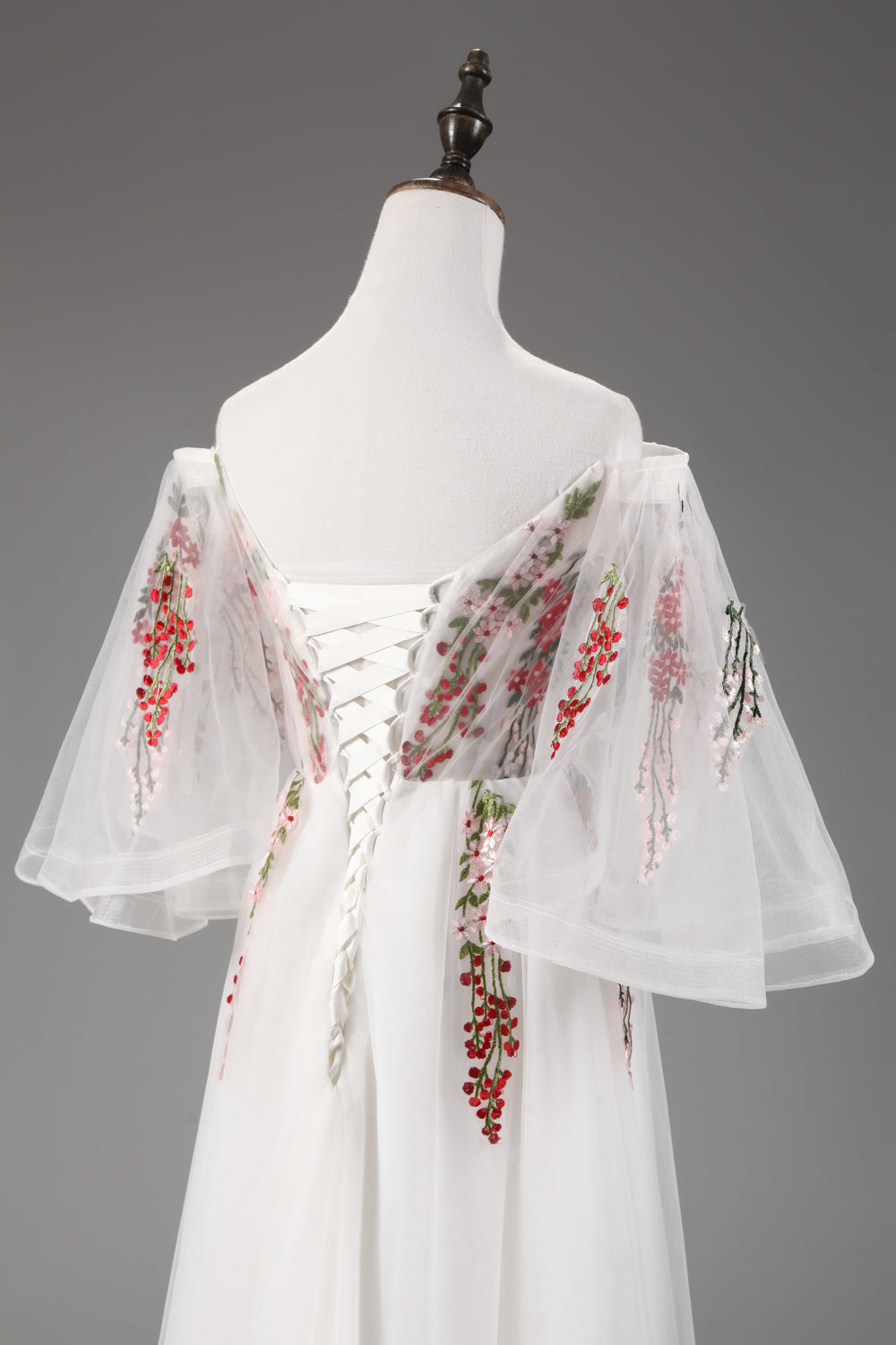 7-Day Dispatch Off-the-Shoulder Floral Embroidered White Tulle A-Line Gown Lace-up Back Formal Dress