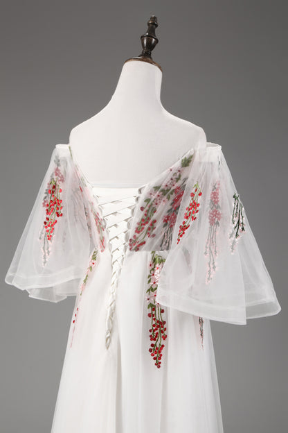7-Day Dispatch Off-the-Shoulder Floral Embroidered White Tulle A-Line Gown Lace-up Back Formal Dress