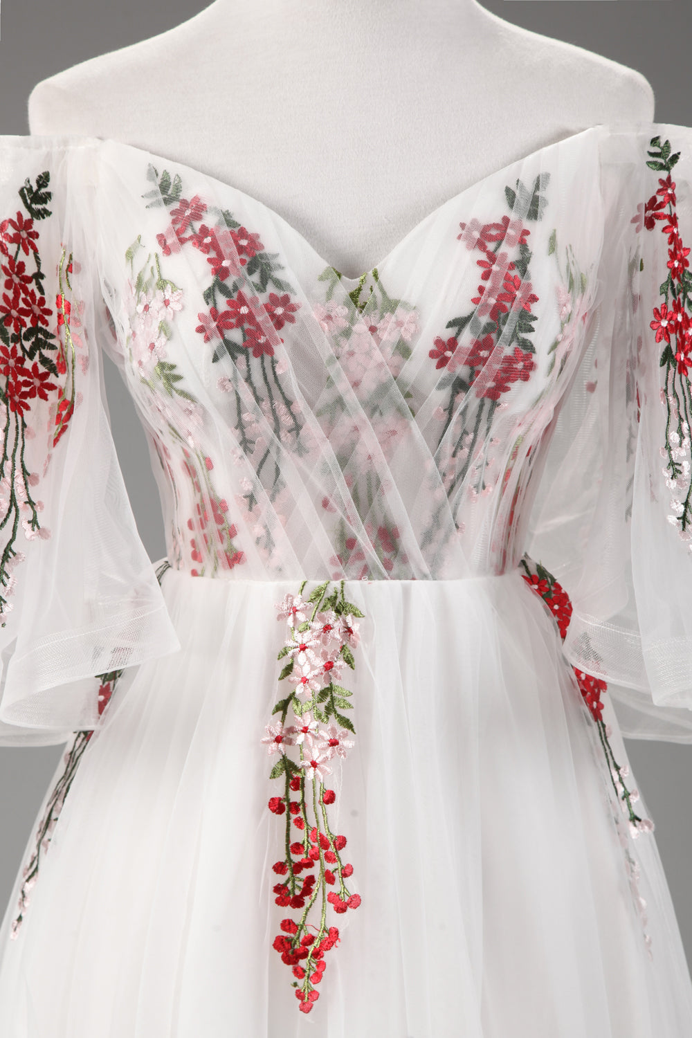 7-Day Dispatch Off-the-Shoulder Floral Embroidered White Tulle A-Line Gown Lace-up Back Formal Dress