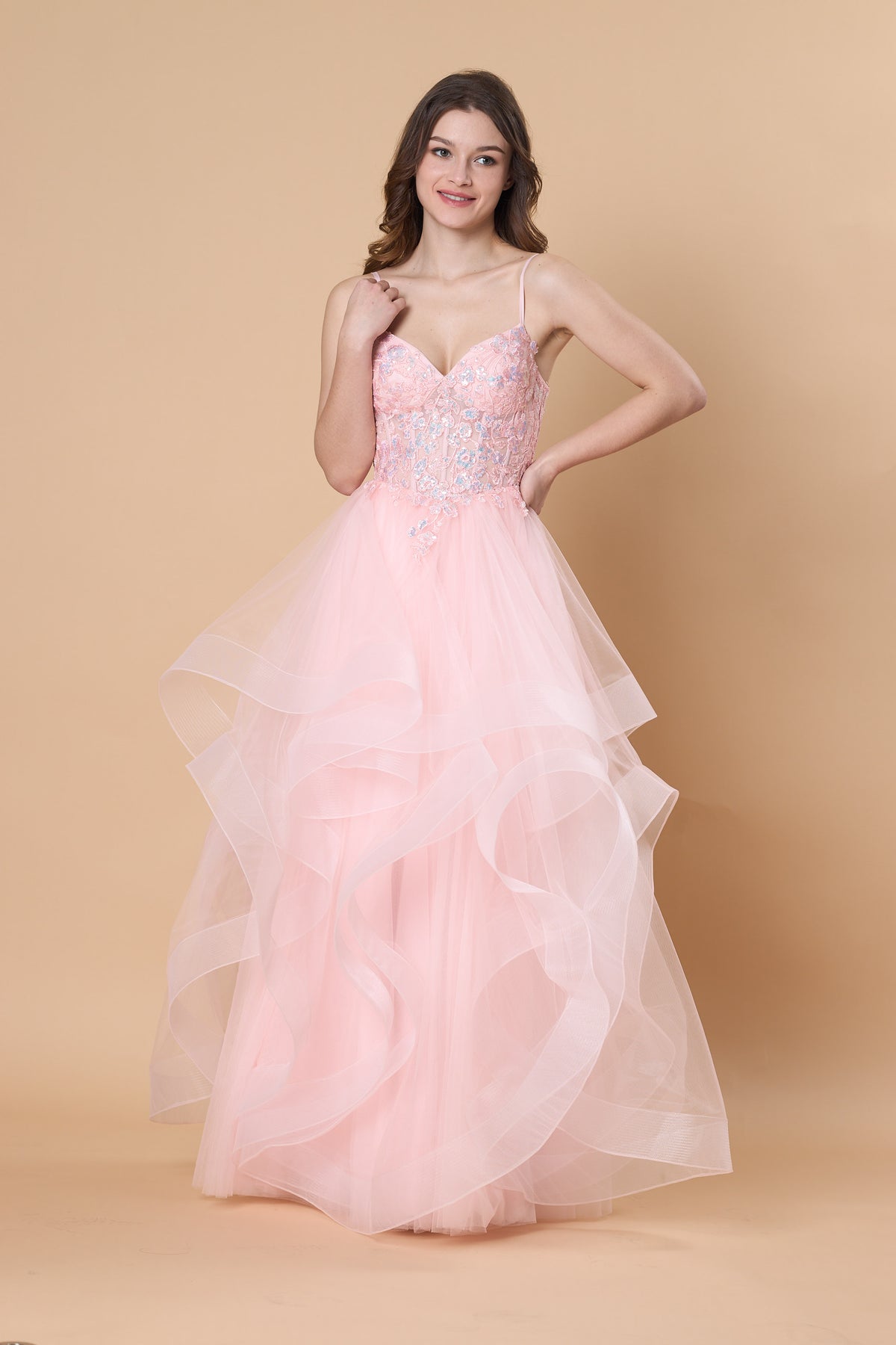 Blush Pink Spaghetti Strap Tulle Prom Dress Ruffle Layered Floral Lace Evening Gown 72hr Fast Shipping