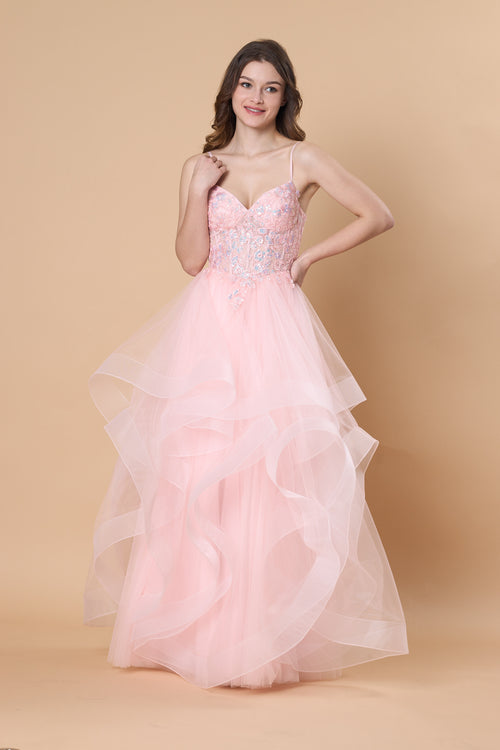 Blush Pink Spaghetti Strap Tulle Prom Dress Ruffle Layered Floral Lace Evening Gown 72hr Fast Shipping