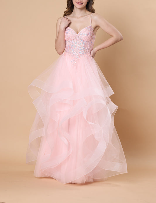 Blush Pink Spaghetti Strap Tulle Prom Dress Ruffle Layered Floral Lace Evening Gown 72hr Fast Shipping