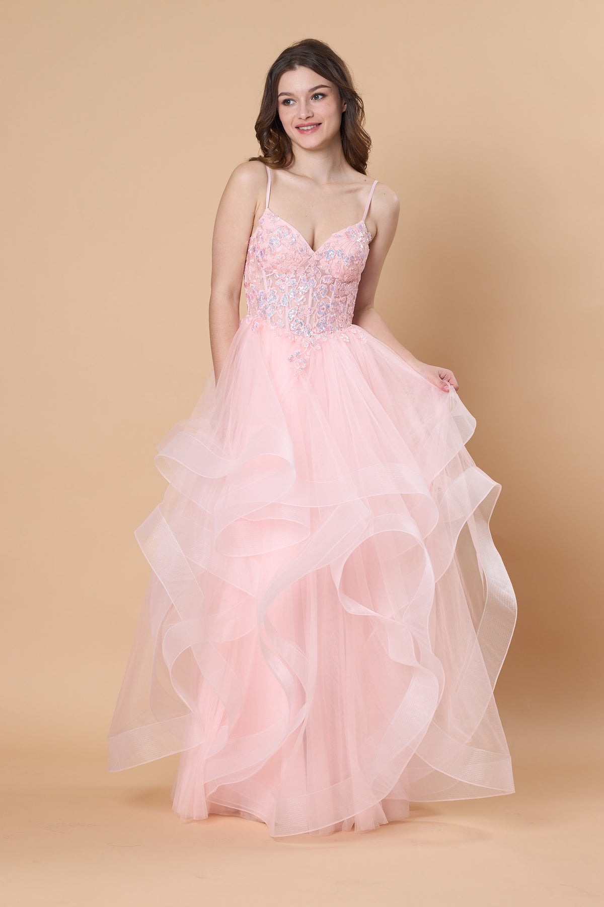 Blush Pink Spaghetti Strap Tulle Prom Dress Ruffle Layered Floral Lace Evening Gown 72hr Fast Shipping