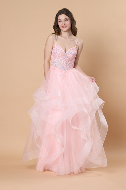 Blush Pink Spaghetti Strap Tulle Prom Dress Ruffle Layered Floral Lace Evening Gown 72hr Fast Shipping