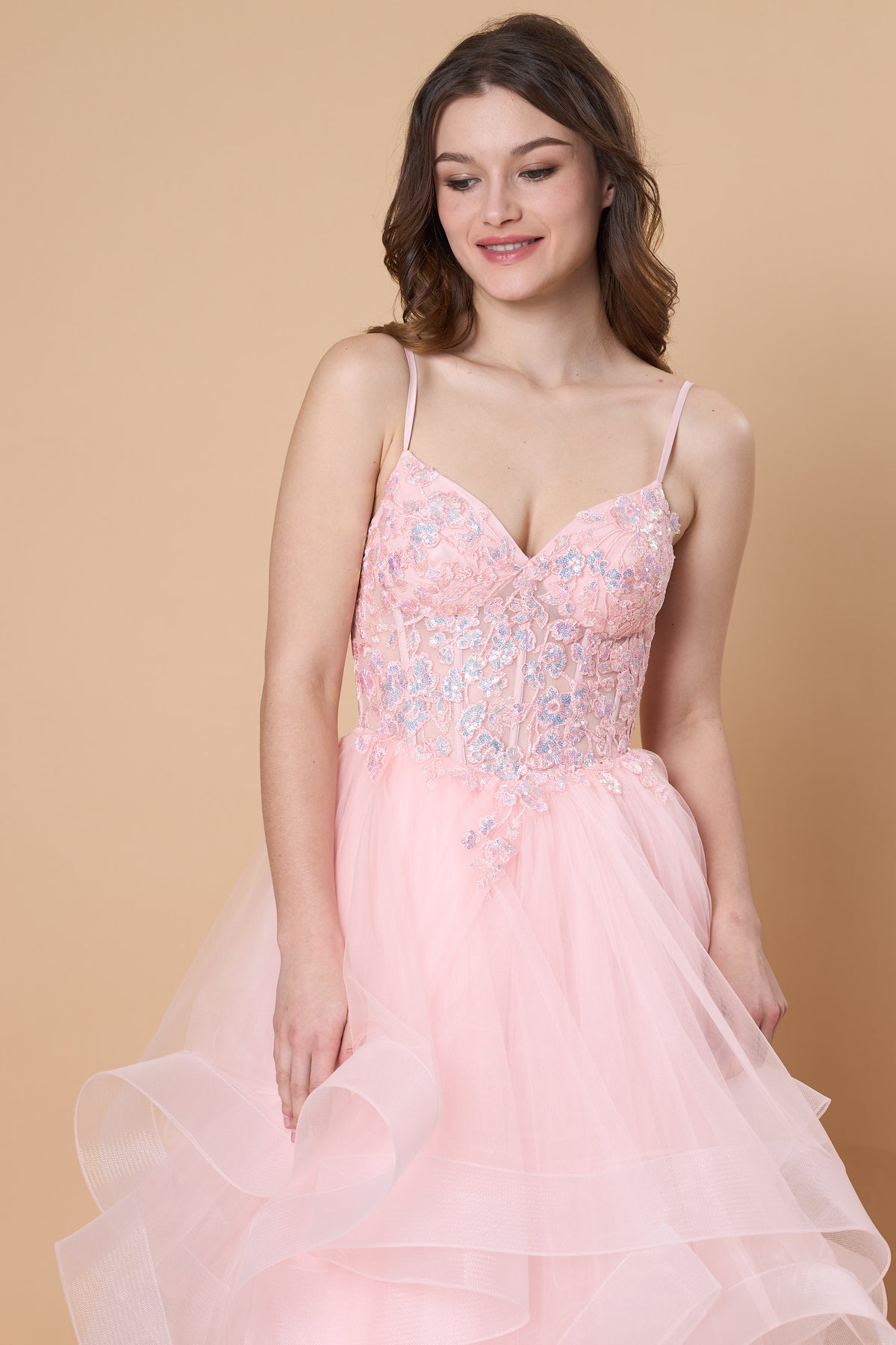 Blush Pink Spaghetti Strap Tulle Prom Dress Ruffle Layered Floral Lace Evening Gown 72hr Fast Shipping
