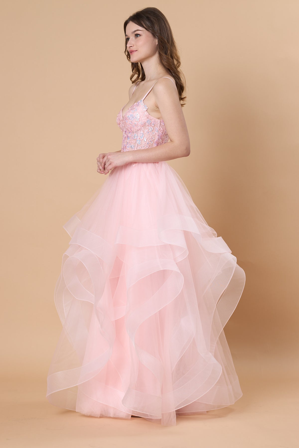 Blush Pink Spaghetti Strap Tulle Prom Dress Ruffle Layered Floral Lace Evening Gown 72hr Fast Shipping