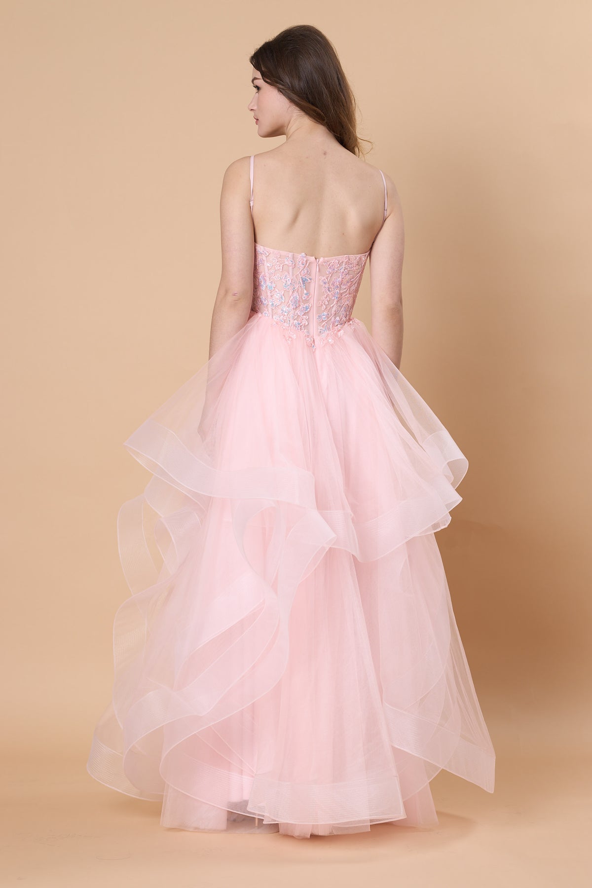 Blush Pink Spaghetti Strap Tulle Prom Dress Ruffle Layered Floral Lace Evening Gown 72hr Fast Shipping