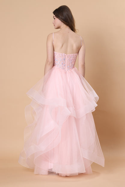 Blush Pink Spaghetti Strap Tulle Prom Dress Ruffle Layered Floral Lace Evening Gown 72hr Fast Shipping