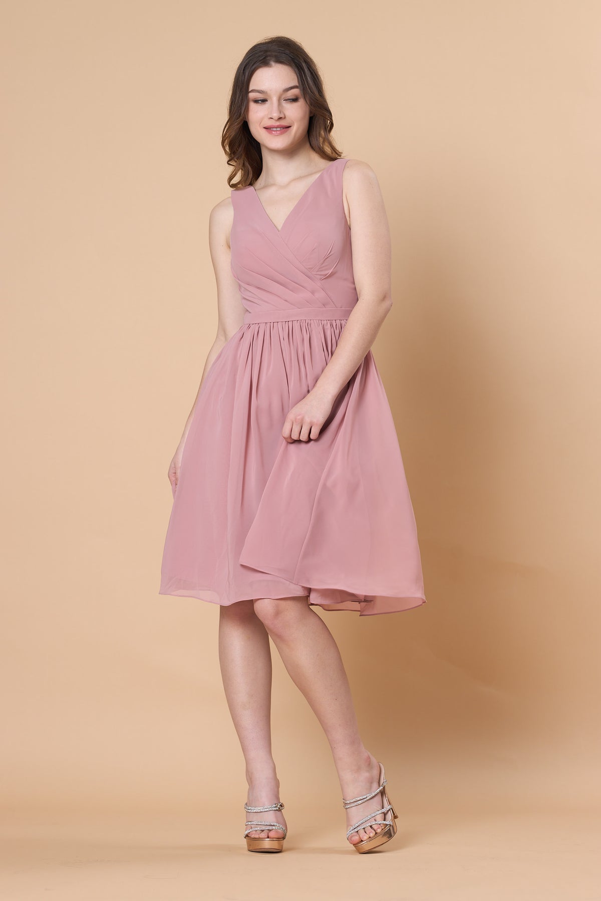 Dusty Rose Sleeveless V Neck Chiffon Knee Length Bridesmaid Dress | Short Formal Party Cocktail Gown Fast 72hr Shipping