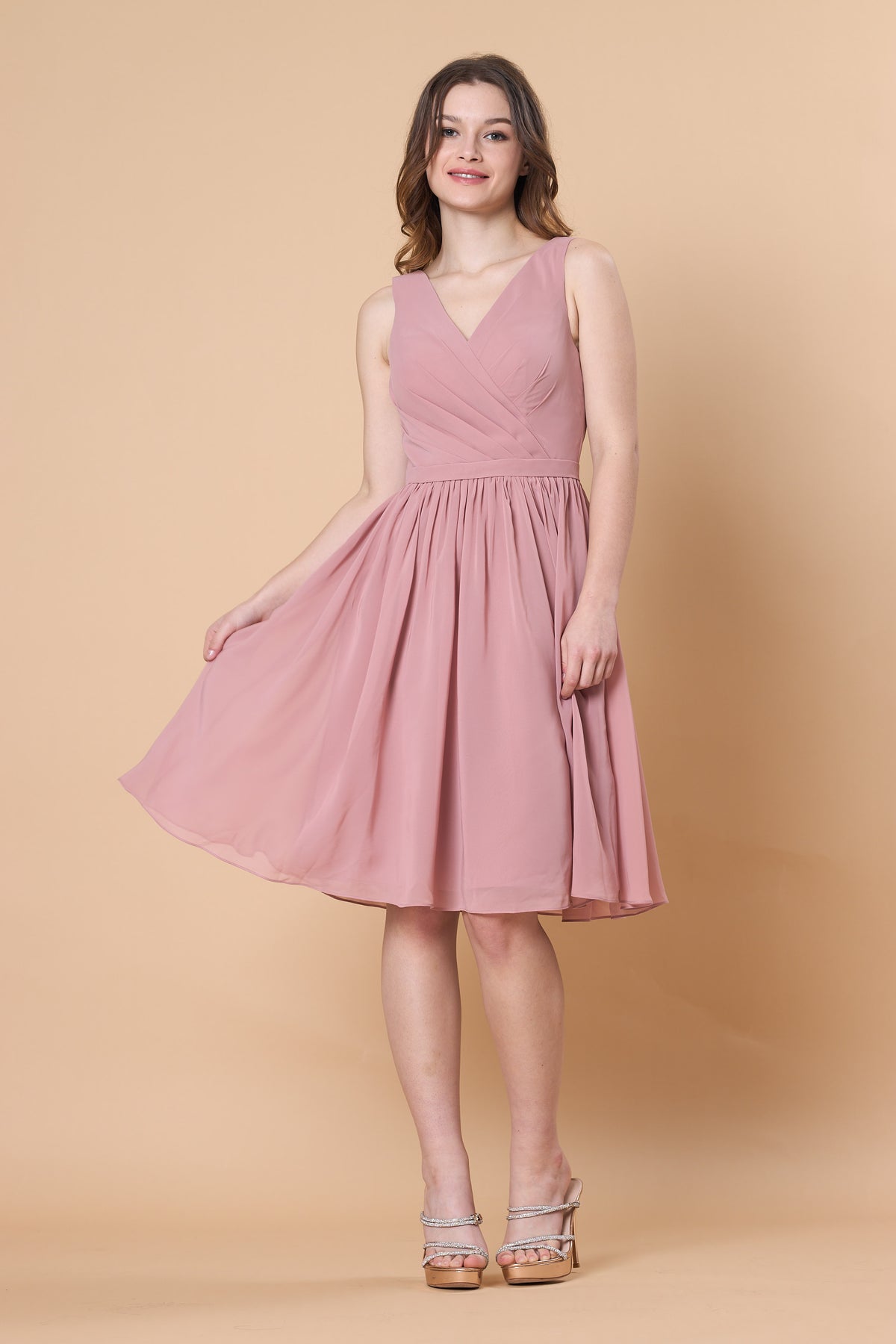 Dusty Rose Sleeveless V Neck Chiffon Knee Length Bridesmaid Dress | Short Formal Party Cocktail Gown Fast 72hr Shipping