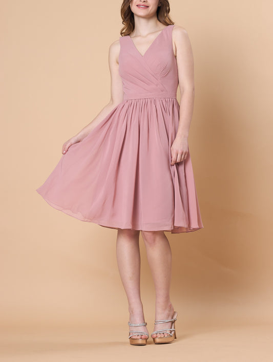 Dusty Rose Sleeveless V Neck Chiffon Knee Length Bridesmaid Dress | Short Formal Party Cocktail Gown Fast 72hr Shipping