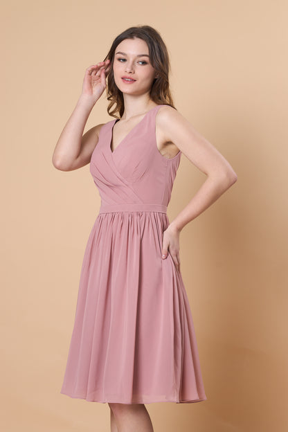 Dusty Rose Sleeveless V Neck Chiffon Knee Length Bridesmaid Dress | Short Formal Party Cocktail Gown Fast 72hr Shipping
