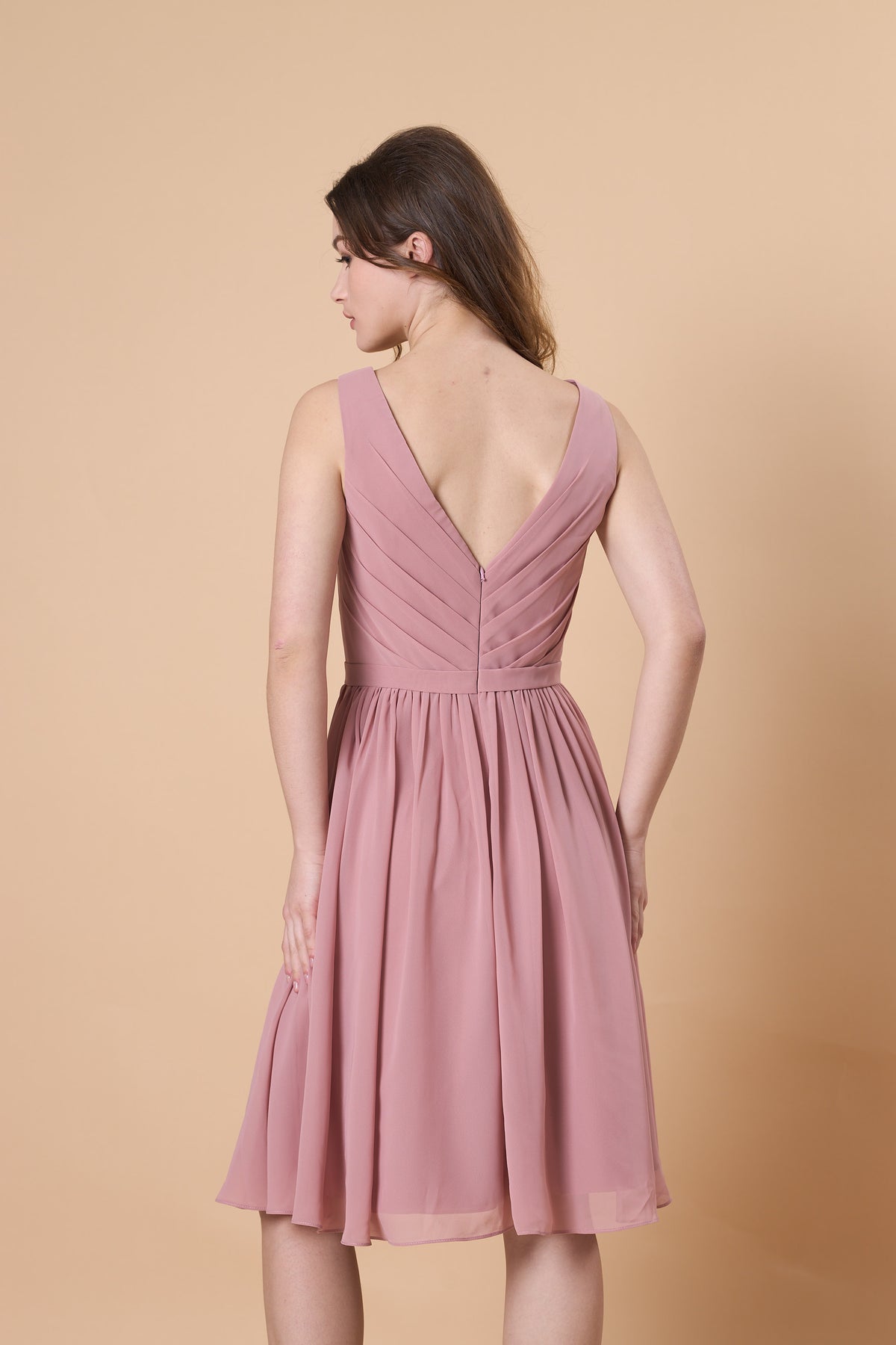 Dusty Rose Sleeveless V Neck Chiffon Knee Length Bridesmaid Dress | Short Formal Party Cocktail Gown Fast 72hr Shipping
