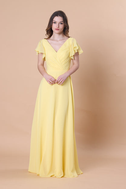 72-Hour Dispatch V-Neck Flutter Sleeve Light Yellow 70D Custom Chiffon A-Line Gown Low Back Floor-Length Formal Dress