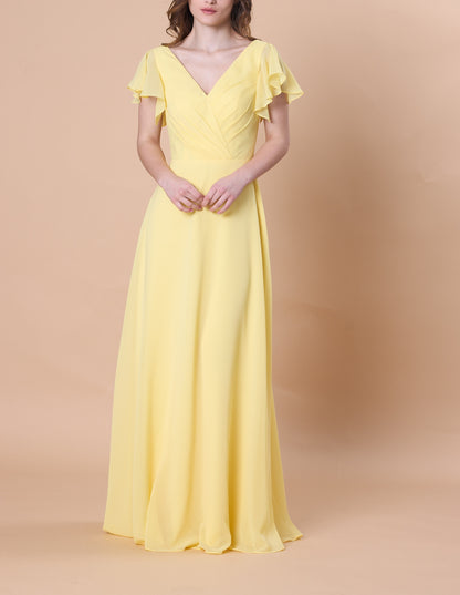 72-Hour Dispatch V-Neck Flutter Sleeve Light Yellow 70D Custom Chiffon A-Line Gown Low Back Floor-Length Formal Dress