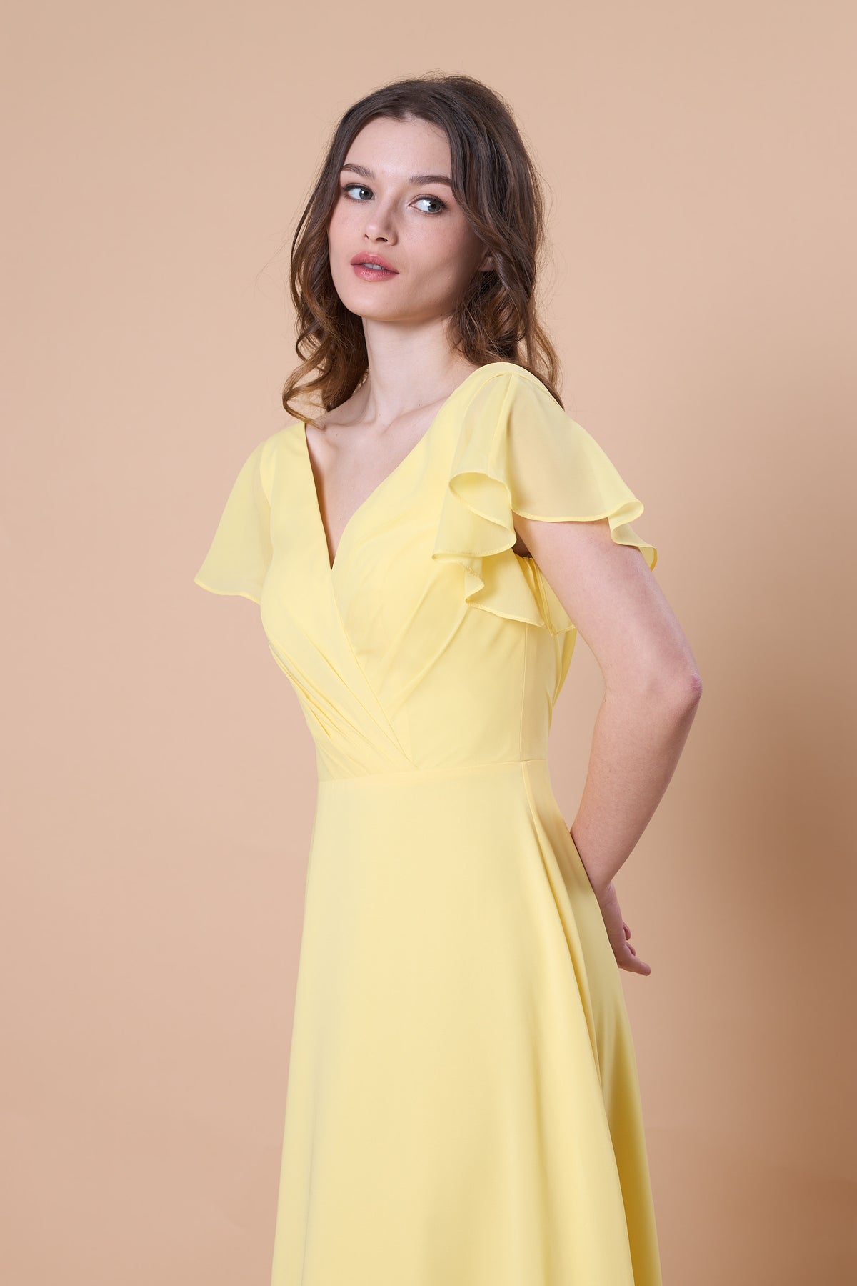 72-Hour Dispatch V-Neck Flutter Sleeve Light Yellow 70D Custom Chiffon A-Line Gown Low Back Floor-Length Formal Dress
