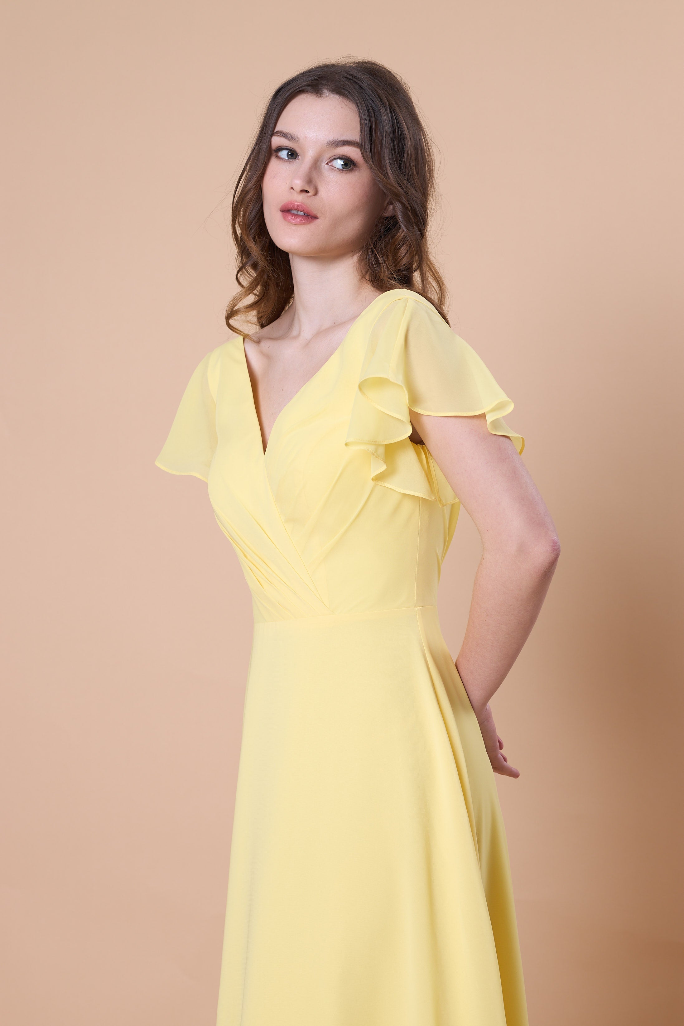 Yellow V Neck Flutter Sleeve Chiffon Long Bridesmaid Dress, A Line Formal Evening Gown