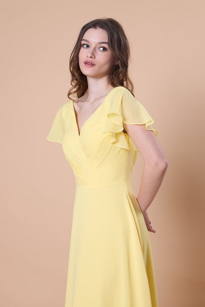 72-Hour Dispatch V-Neck Flutter Sleeve Light Yellow 70D Custom Chiffon A-Line Gown Low Back Floor-Length Formal Dress