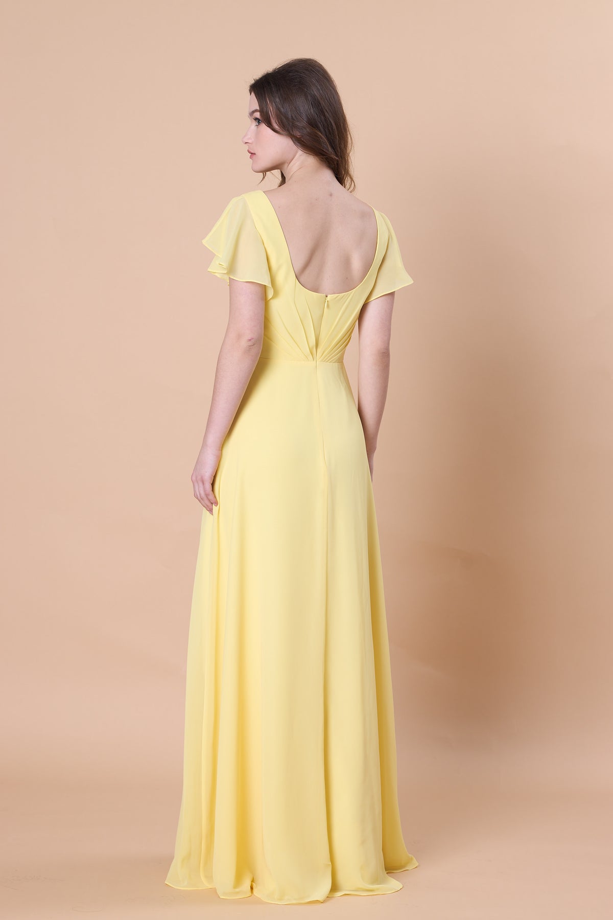 72-Hour Dispatch V-Neck Flutter Sleeve Light Yellow 70D Custom Chiffon A-Line Gown Low Back Floor-Length Formal Dress