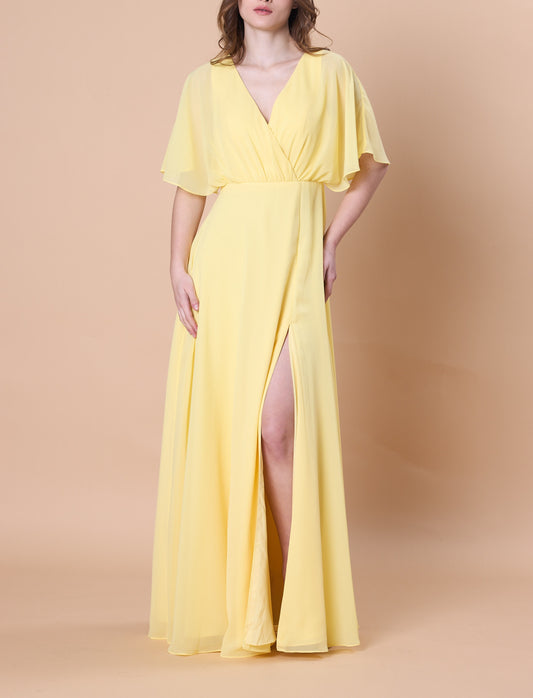 72-Hour Dispatch V-Neck Flutter Sleeve Chiffon Maxi Dress Multi-Color Options High Slit A-Line Floor-Length Evening Gown