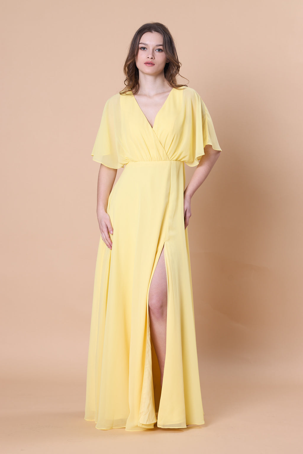 Yellow V Neck Flutter Sleeve Chiffon Maxi Dress, High Slit Bridesmaid Formal Gown