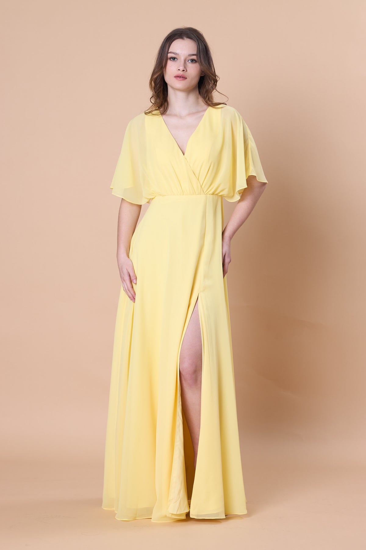 72-Hour Dispatch V-Neck Flutter Sleeve Chiffon Maxi Dress Multi-Color Options High Slit A-Line Floor-Length Evening Gown