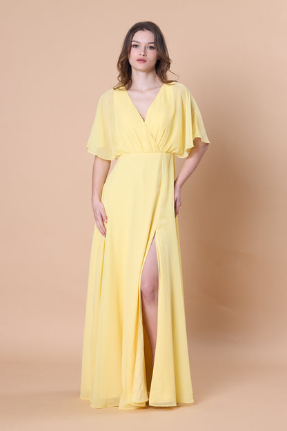 72-Hour Dispatch V-Neck Flutter Sleeve Chiffon Maxi Dress Multi-Color Options High Slit A-Line Floor-Length Evening Gown