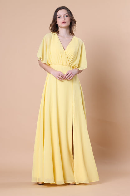 72-Hour Dispatch V-Neck Flutter Sleeve Chiffon Maxi Dress Multi-Color Options High Slit A-Line Floor-Length Evening Gown