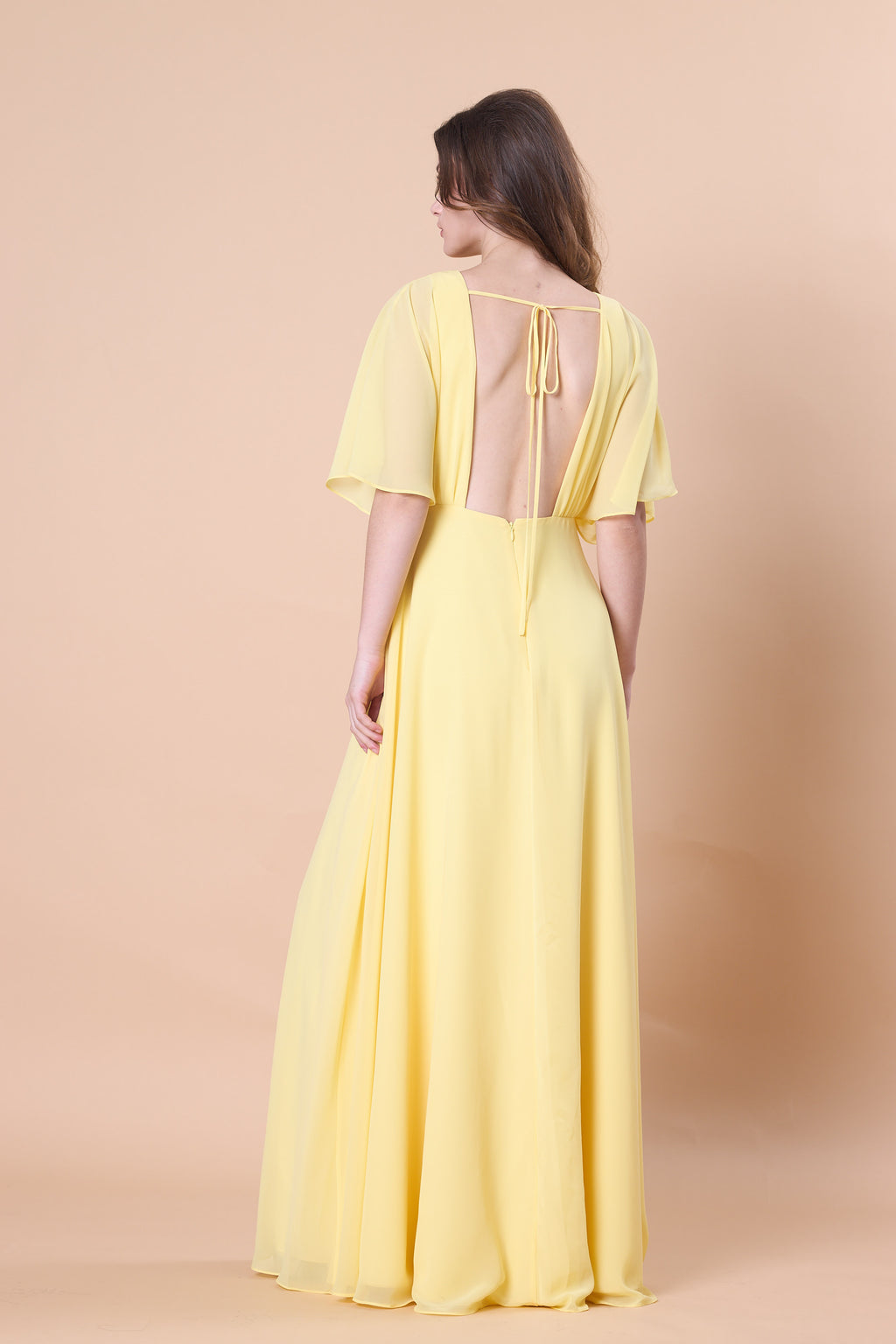 Yellow V Neck Flutter Sleeve Chiffon Maxi Dress, High Slit Bridesmaid Formal Gown