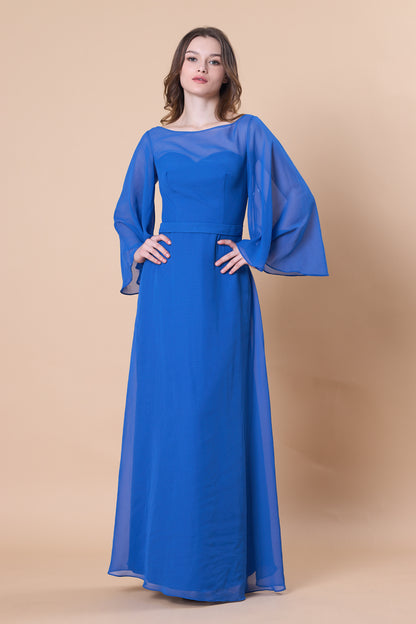 72-Hour Dispatch Royal Blue Sheer Bell Sleeve Chiffon A-Line Gown Boat Neck Floor-Length Formal Dress