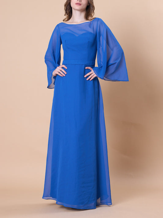 72-Hour Dispatch Royal Blue Sheer Bell Sleeve Chiffon A-Line Gown Boat Neck Floor-Length Formal Dress