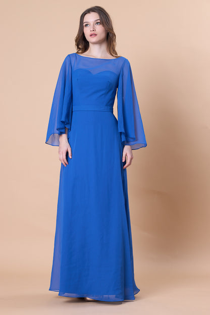 72-Hour Dispatch Royal Blue Sheer Bell Sleeve Chiffon A-Line Gown Boat Neck Floor-Length Formal Dress