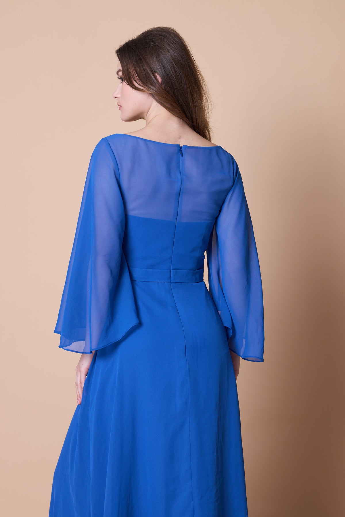 72-Hour Dispatch Royal Blue Sheer Bell Sleeve Chiffon A-Line Gown Boat Neck Floor-Length Formal Dress