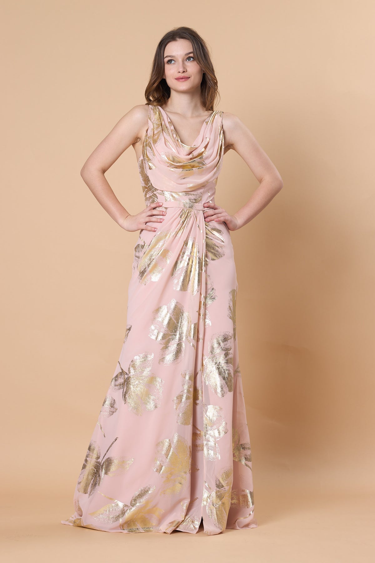 Blush Pink Gold Foil Floral Cowl Neck Chiffon Maxi Dress, Sleeveless Formal Bridesmaid Gown | Ships Within 72 Hours