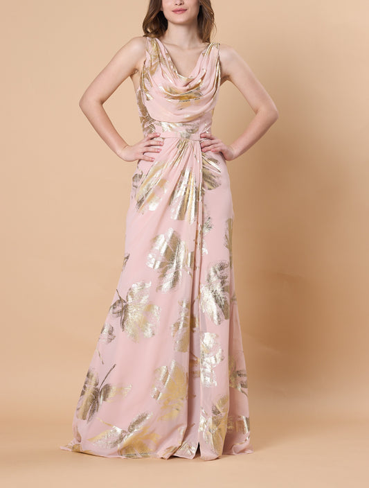 Blush Pink Gold Foil Floral Cowl Neck Chiffon Maxi Dress, Sleeveless Formal Bridesmaid Gown | Ships Within 72 Hours