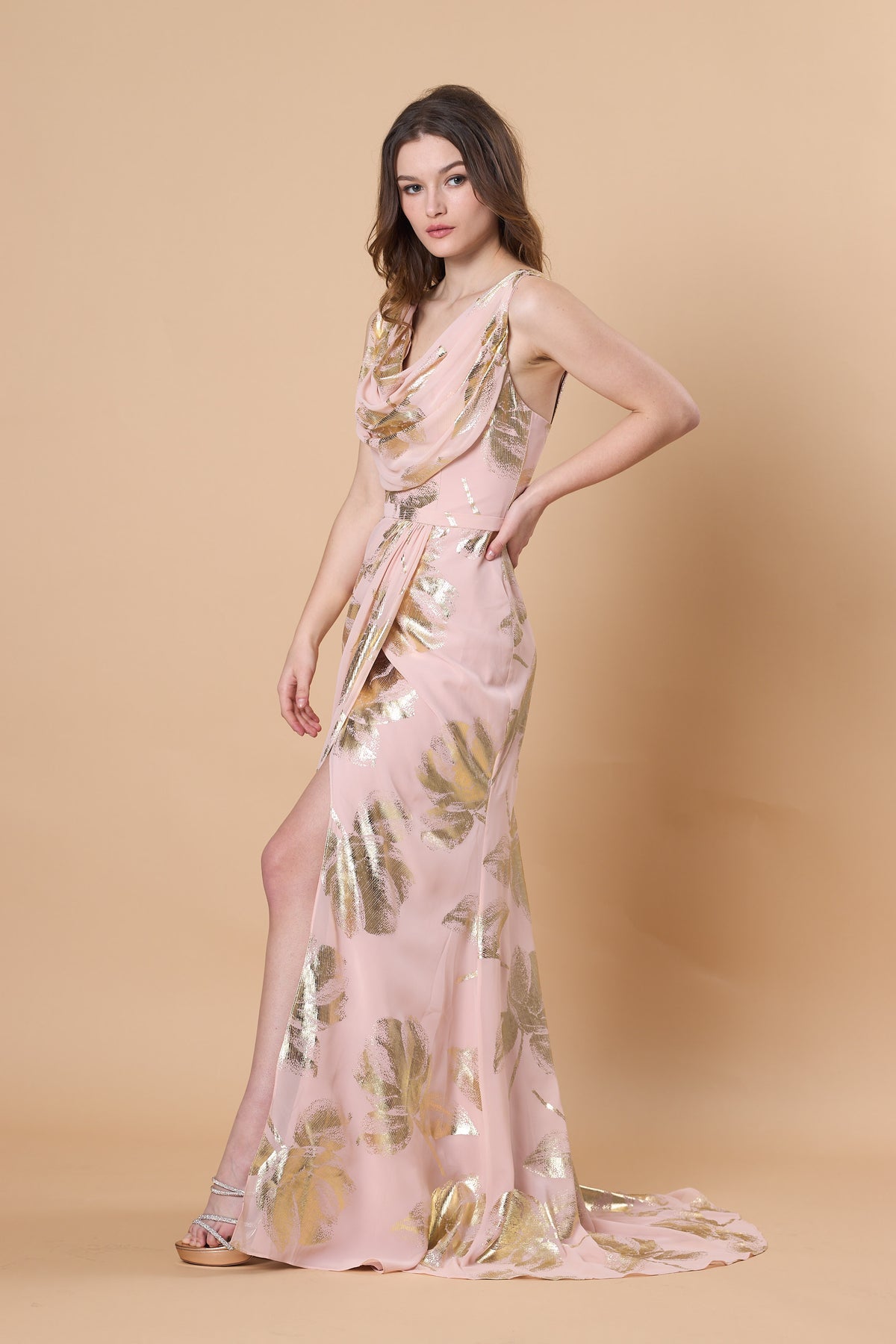 Blush Pink Gold Foil Floral Cowl Neck Chiffon Maxi Dress, Sleeveless Formal Bridesmaid Gown | Ships Within 72 Hours