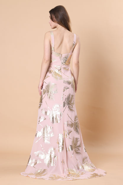 Blush Pink Gold Foil Floral Cowl Neck Chiffon Maxi Dress, Sleeveless Formal Bridesmaid Gown | Ships Within 72 Hours