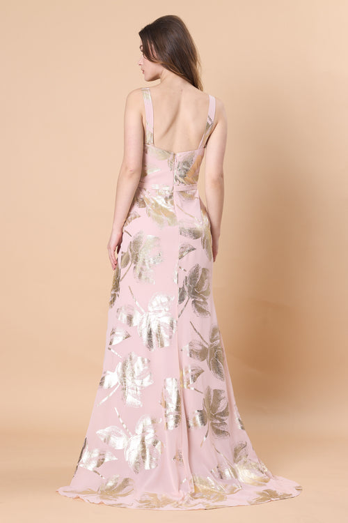 Blush Pink Gold Foil Floral Cowl Neck Chiffon Maxi Dress, Sleeveless Formal Bridesmaid Gown | Ships Within 72 Hours