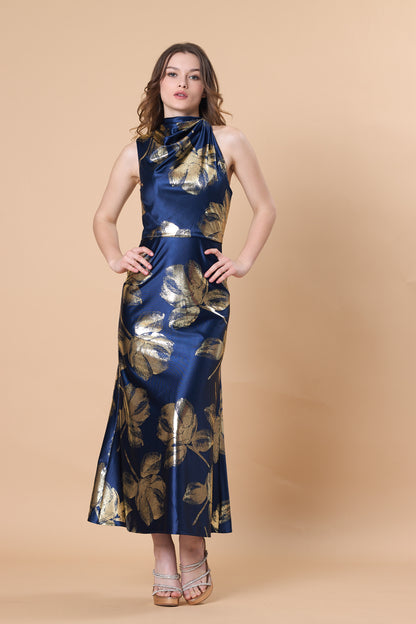 72-Hour Dispatch Navy Blue & Gold Metallic Floral Satin Midi Dress High Neck Keyhole Back Sleeveless Formal Gown