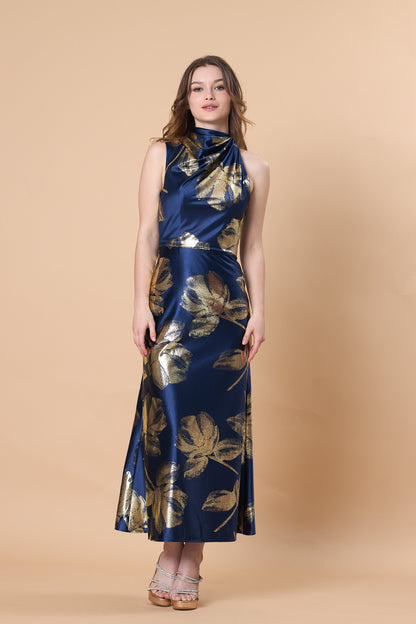 72-Hour Dispatch Navy Blue & Gold Metallic Floral Satin Midi Dress High Neck Keyhole Back Sleeveless Formal Gown