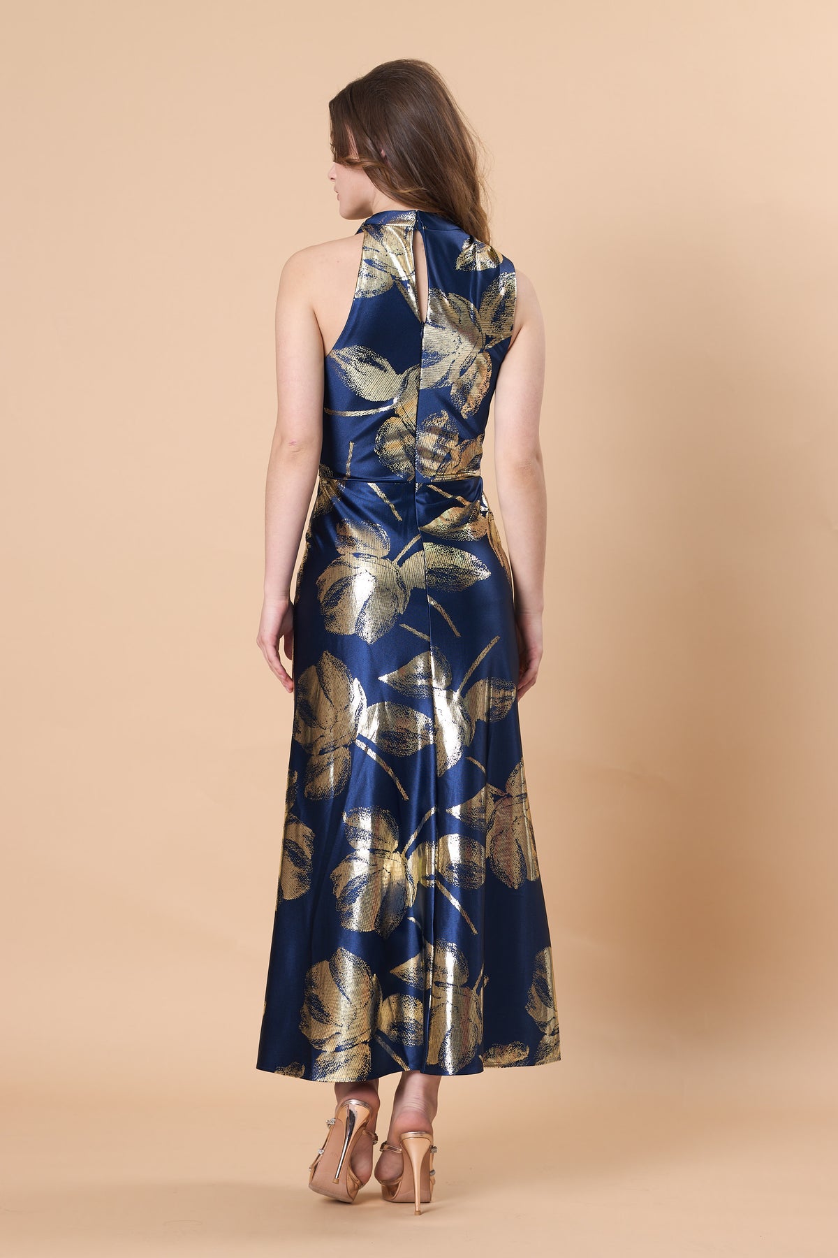 72-Hour Dispatch Navy Blue & Gold Metallic Floral Satin Midi Dress High Neck Keyhole Back Sleeveless Formal Gown