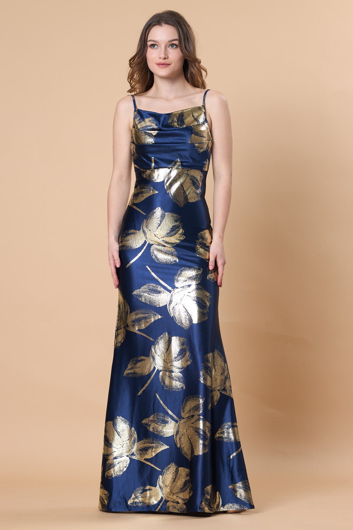 72-Hour Dispatch Navy Blue & Gold Metallic Floral Satin Gown Spaghetti Strap Draped Bodice Scoop Back Formal Dress
