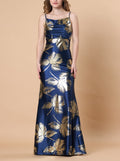 Navy Gold Floral Satin Cowl Slip Maxi Dress, Spaghetti Strap Mermaid Formal Gown | Ships Within 72 Hours