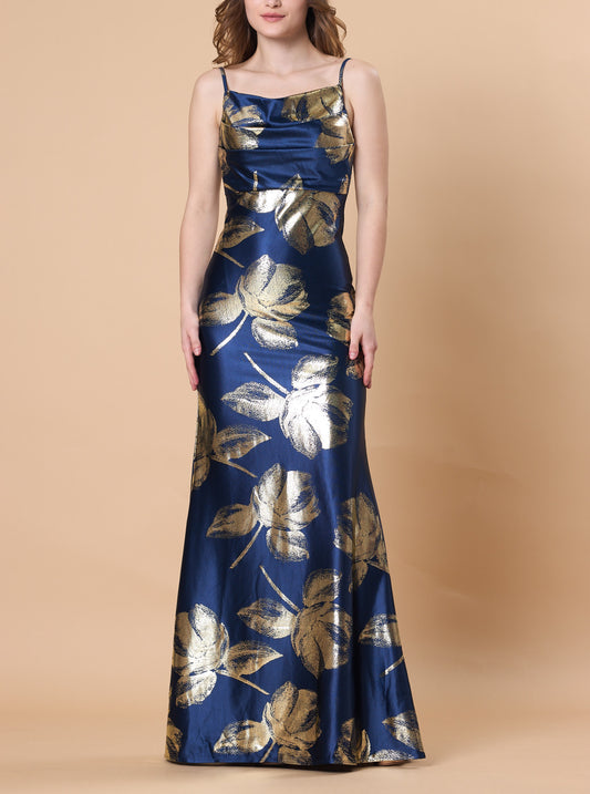 72-Hour Dispatch Navy Blue & Gold Metallic Floral Satin Gown Spaghetti Strap Draped Bodice Scoop Back Formal Dress