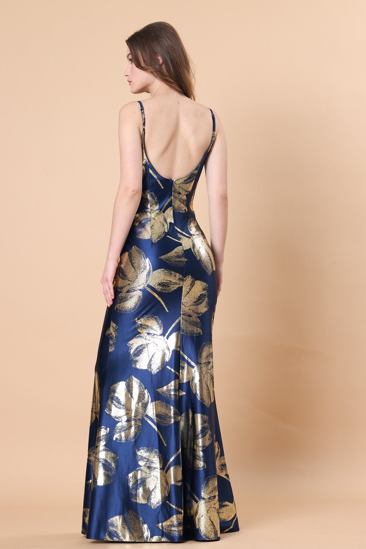72-Hour Dispatch Navy Blue & Gold Metallic Floral Satin Gown Spaghetti Strap Draped Bodice Scoop Back Formal Dress