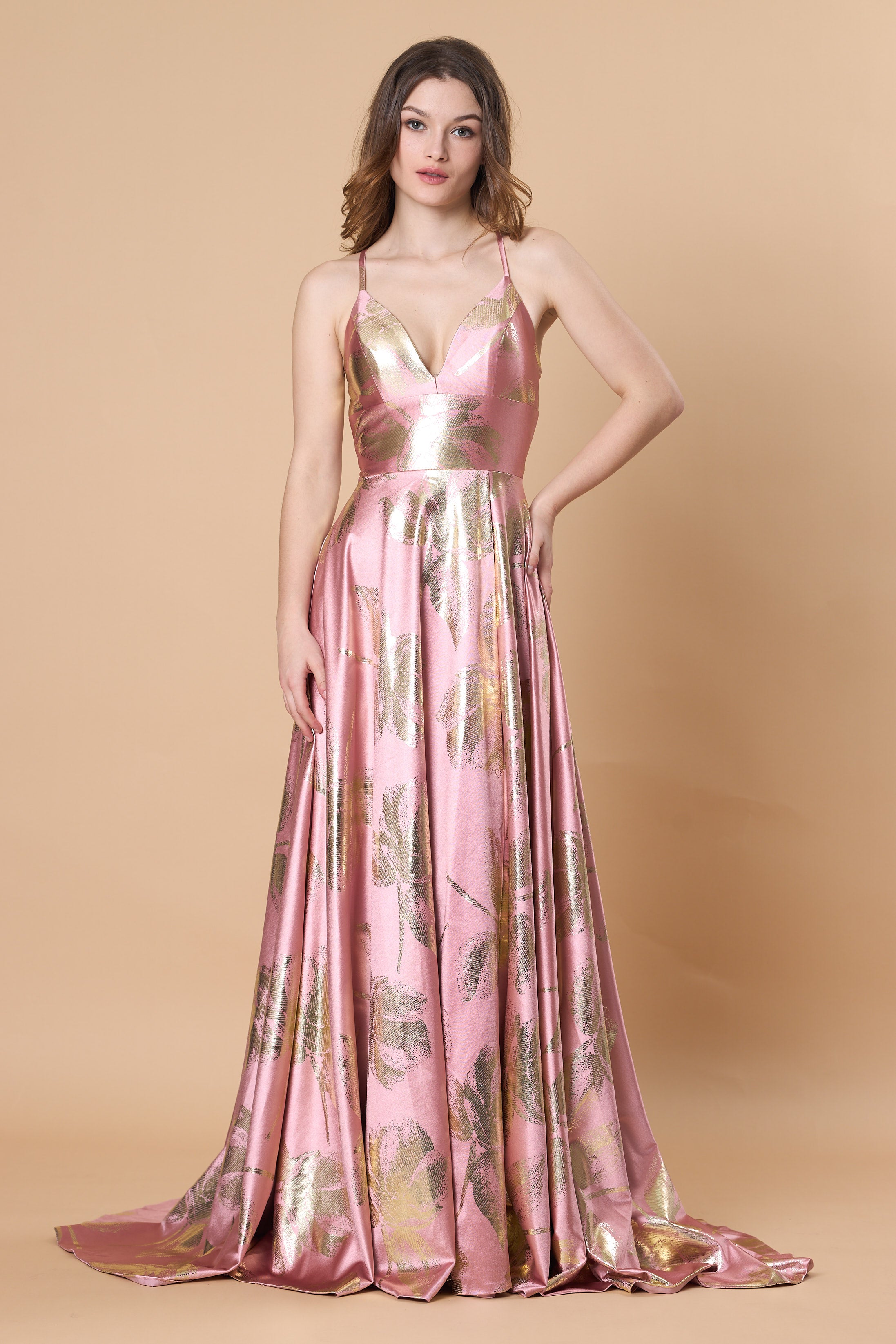 Dusty Pink Gold Foil Floral Satin V Neck Spaghetti Strap A Line Train Maxi Gown | Ships Within 72 Hours Search Tags